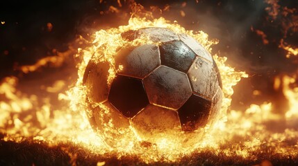 Fototapeta premium Fiery Soccer Ball Engulfed in Flames on Grass Abstract 3D Render