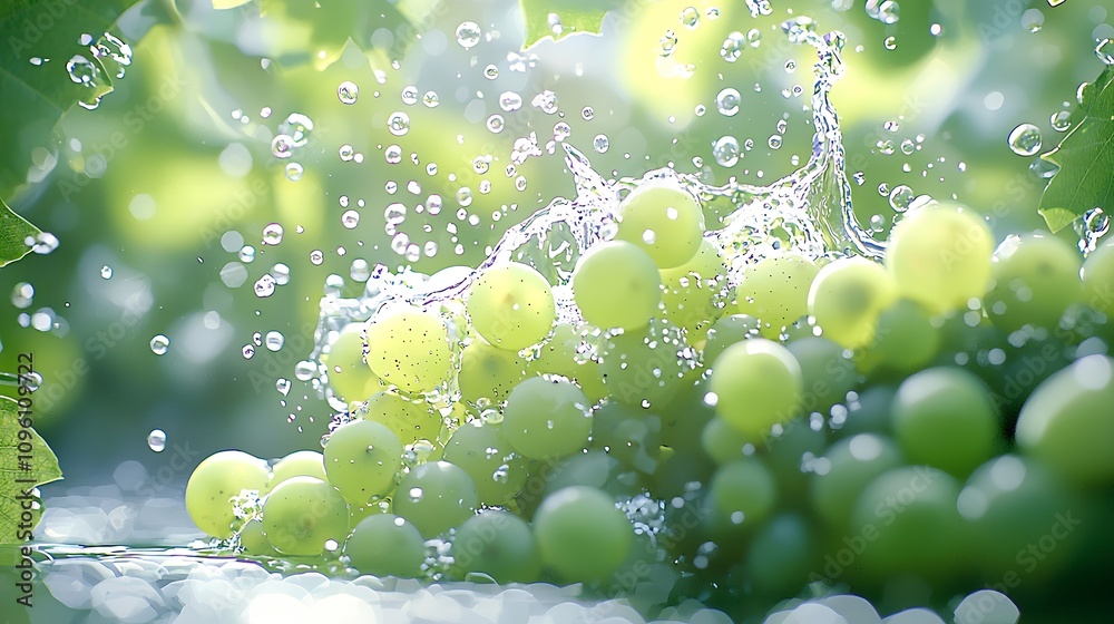 Poster Vivid Green Grapes Submerged in Sparkling Splashing Water : Generative AI