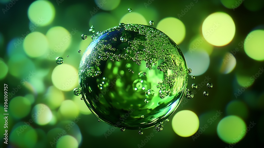 Poster Glowing Green Bubble Abstract Bokeh Background with Floating Particles : Generative AI