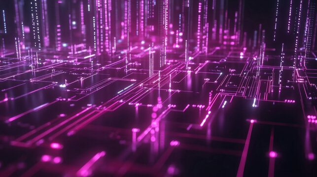Digital data flows in vibrant colors across a futuristic circuit board landscape