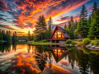 Fototapeta premium A-Frame Cabin Sunset Lake View - Rustic Woods Photography, Cozy Cabin Escape, Lakeside Retreat, Architectural Photography