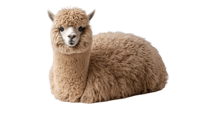Fluffy Alpaca with a thick curly coat isolated on a transparent background, PNG