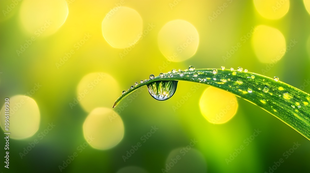 Poster vibrant leaf with dewdrop against bokeh background landscape orientation : generative ai