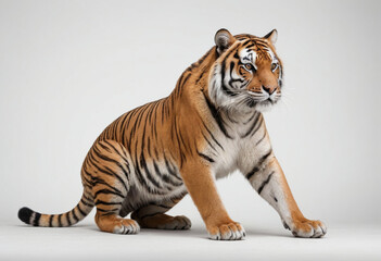 Fototapeta premium standard Tiger right side view. Full figure visible, flat white background, no shadows, head and legs visible, ultra detailed, photorealistic 400mm lens, low angle 