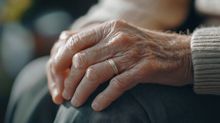 Fototapeta premium Clients hand resting gently on their lap, showcasing warmth and reflection in a serene environment during a sunny afternoon