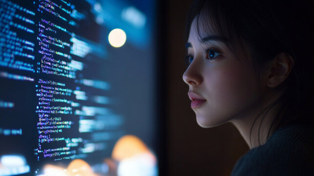 Woman focused on coding in dark mode at a workstation during evening hours