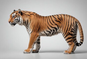 Obraz premium standard Tiger right side view. Full figure visible, flat white background, no shadows, head and legs visible, ultra detailed, photorealistic 400mm lens, low angle 