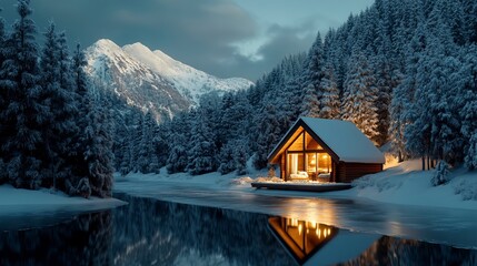 Fototapeta premium Cozy Cabin by Frozen Lake in Snowy Mountain Landscape at Dusk