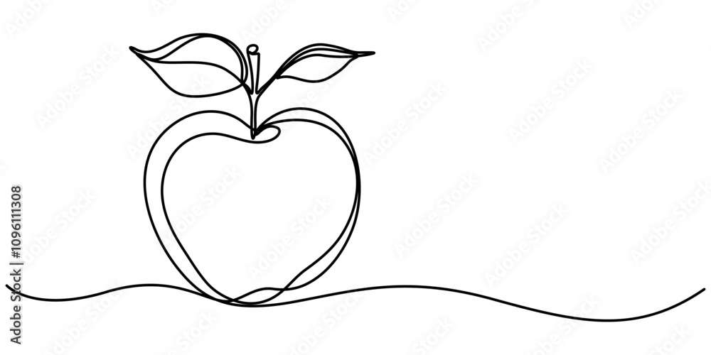 Poster a simple continuous line drawing of an apple on a uniform white background, continuous one single li