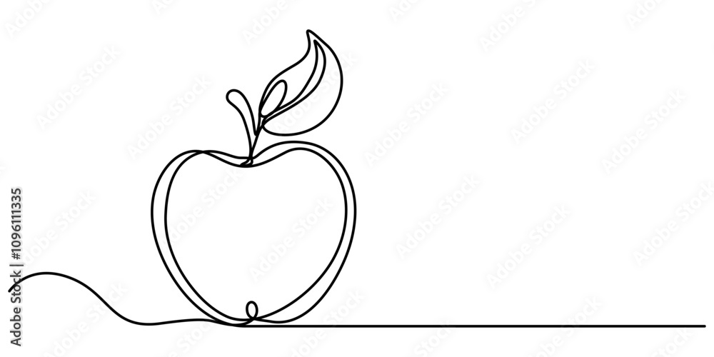 Poster a simple continuous line drawing of an apple on a uniform white background, continuous one single li