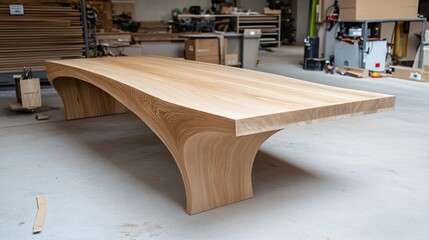 A modern wooden table with a sleek design, showcasing graceful curves and a polished surface, set in a workshop environment.