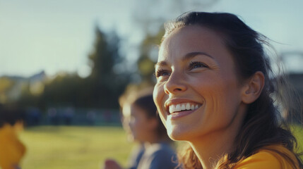 Mom cheers enthusiastically for her kids during a sports event on a sunny afternoon at the local field