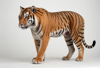 Obraz premium standard Bengal tiger right side view. Full figure visible, flat white background, no shadows, head and legs visible, ultra detailed, photorealistic 400mm lens, low angle 