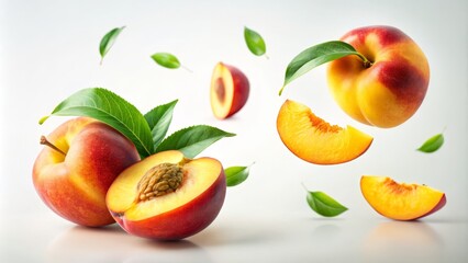 Fresh Peach Isolated on White Background with Slices and Leaf, Perfect for Culinary and Healthy Lifestyle Themes, Showcasing Vibrant Colors and Freshness of Summer Fruits