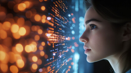 Monitoring server status, a woman observes data flow while engaged in technology at a control center in the evening