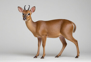  standard Indian muntjac right side view. Full figure visible, flat white background, no shadows, head and legs visible, ultra detailed, photorealistic 400mm lens, low angle 