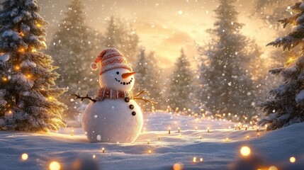 Fototapeta premium Snowman Standing in a Snowy Forest with Christmas Lights