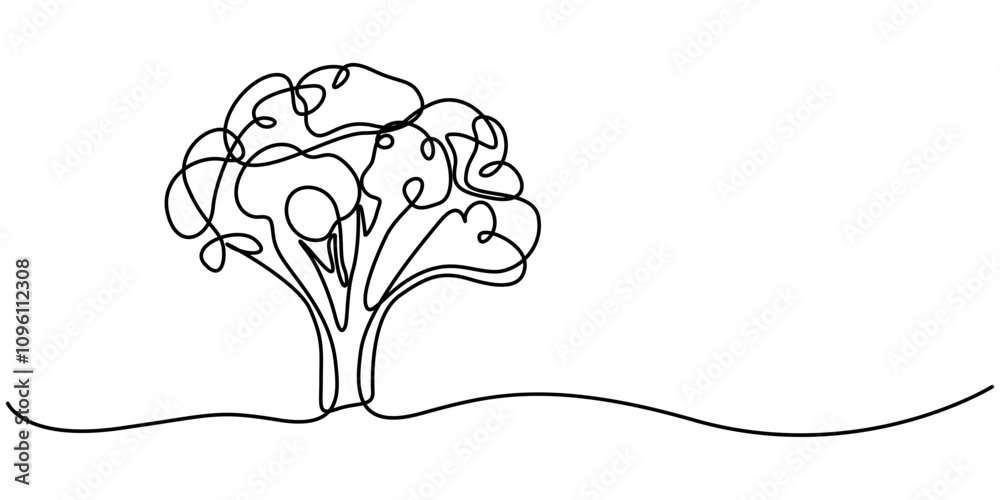 Poster continuous single drawn one line broccoli vegetables hand-drawn picture silhouette. line art. doodle