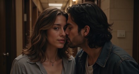 Fototapeta premium Intimate couple sharing a kiss in a cozy hallway with warm lighting and soft focus