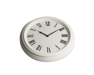 a white clock with black roman numerals