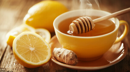 Herbal tea with lemon and honey sitting on a rustic wooden table in a cozy kitchen setting