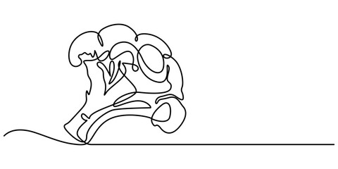 Continuous single drawn one line broccoli vegetables hand-drawn picture silhouette. Line art. Doodle, Broccoli one continuous line design. Vegetable symbol design concept. Decorative elements drawn 