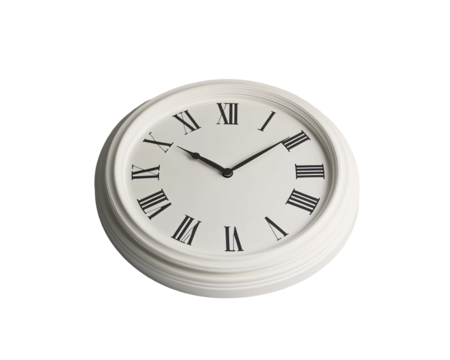 a white clock with black roman numerals