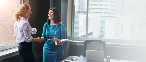 Business women, meeting and handshake with banner at office for partnership, greeting or...