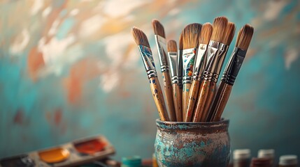 Artist Paintbrushes in Antique Ceramic Pot Against Blurred Abstract Vibrant Background : Generative AI