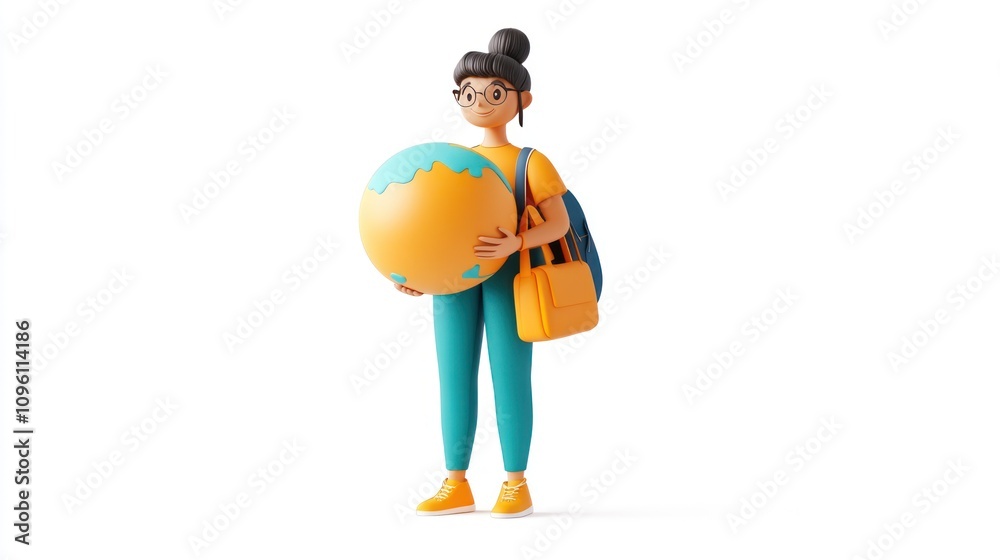 Poster a 3d character holding a globe, symbolizing travel and exploration.