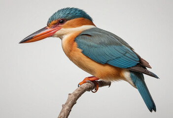  standard Strork billed Kingfisher right side view. Full figure visible, flat white background, no shadows, head and legs visible, ultra detailed, photorealistic 400mm lens, low angle 