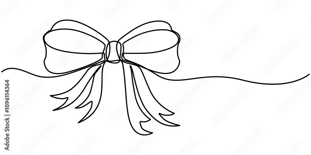 Poster drawing of gift ribbon bow in continuous one line art style. black linear sketch isolated on white b