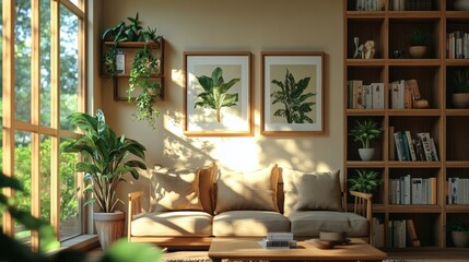 Fototapeta premium Sunlit Living Room with Wooden Accents and Greenery