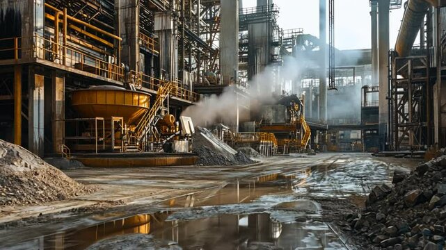 A factory showing mineral production, with industrial processes transforming raw materials into usable products.