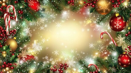 Festive Merry Christmas Frame Background with Pine Branches, Holly, and Twinkling Lights