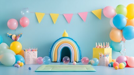 Playful Rainbow Themed Birthday Party Decoration with Bright Balloons and Banners : Generative AI