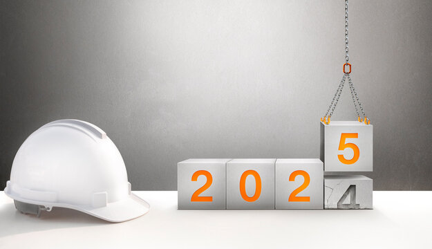 engineer working table and construction-crane are lifting year 2025 in concrete cube replace the passed year 2024.new year party and change new business. - Powered by Adobe