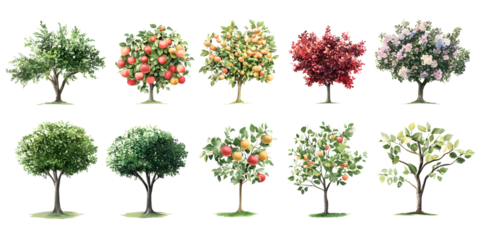 big apple trees collection isolated on transparent backgrounds