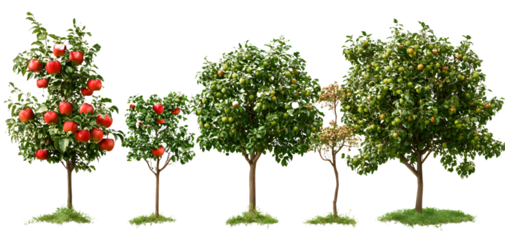 big apple trees collection isolated on transparent backgrounds