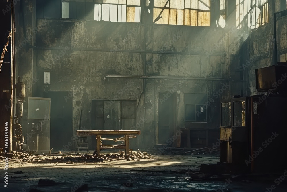 Poster An abandoned industrial space with sunlight streaming through dusty windows onto a table.