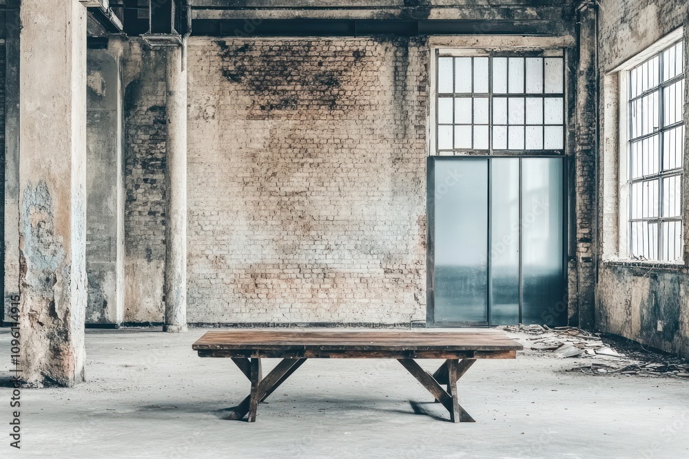 Poster an empty industrial space featuring a wooden table in a minimalist setting.