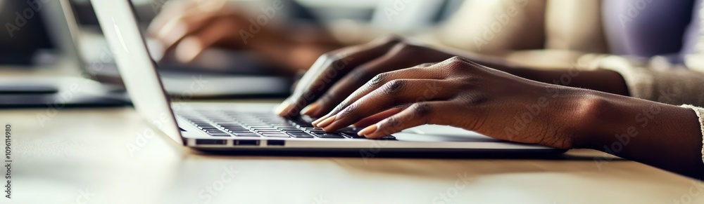 Poster close-up of hands typing on a laptop, emphasizing productivity and technology use.