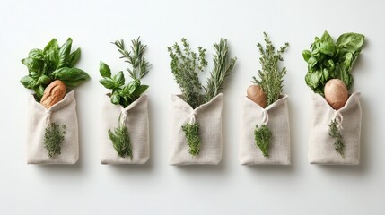 Fresh herbs neatly packaged in cloth bags for culinary use.