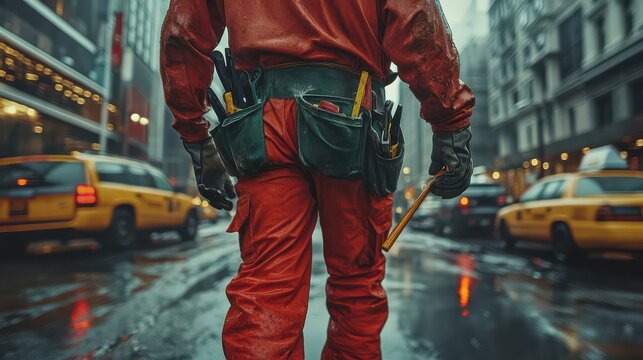 A Worker in Red Carhartt Pants Carries Tools on a Rainy City Street