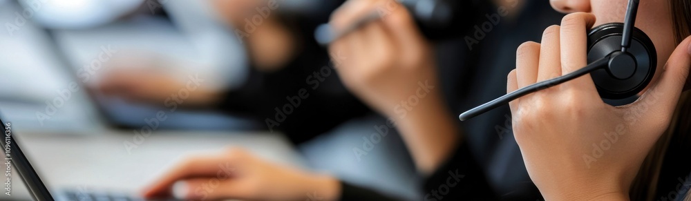 Poster A group of individuals using headsets while working on computers in a call center environment.