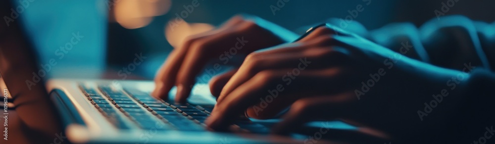 Poster a close-up of hands typing on a laptop in a dimly lit environment.