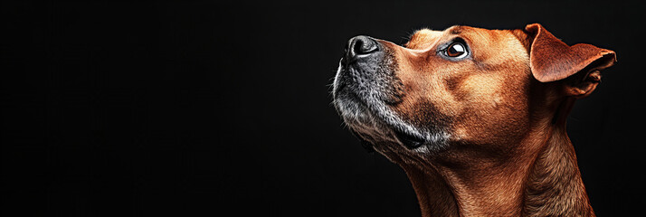 close-up of a dog against a sleek black background, highlighting its glossy fur, intense gaze, and expressive features, ideal for use in pet branding, advertising campaigns, or artistic projects.