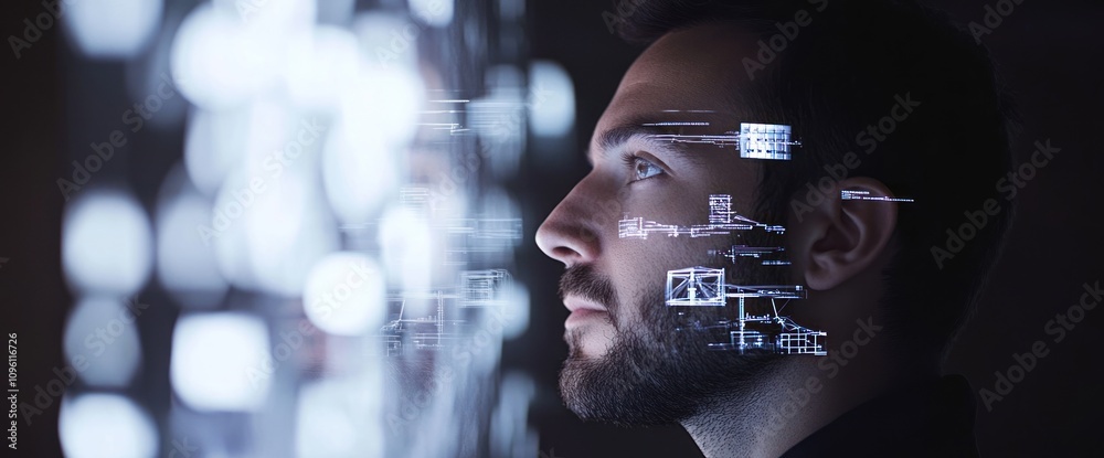 Poster a man gazes thoughtfully with digital data overlays, symbolizing technology and innovation.