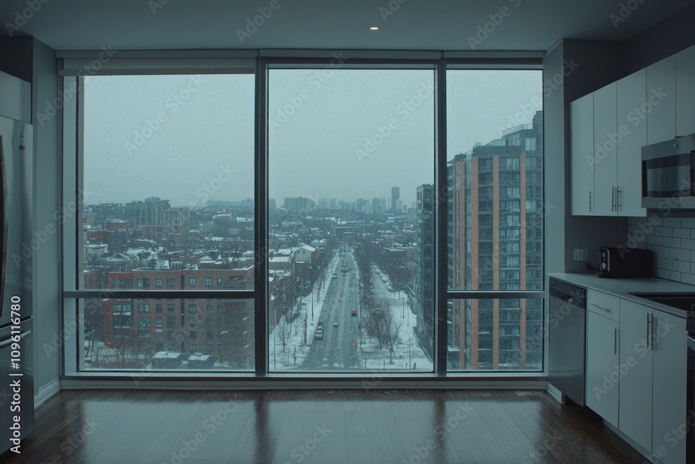 Poster A modern kitchen with a panoramic view of a snowy cityscape through large windows.