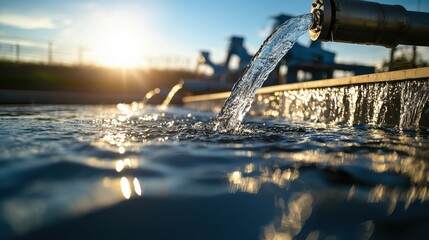 Fototapeta premium green energy hydropower energy storage Concept. A close-up of flowing water from a pipe, reflecting sunlight, creating ripples on the surface, with a serene background of nature.